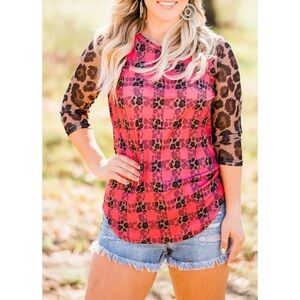 Crazy Train HONEY HOP TOP in red & black plaid with leopard print sleeves